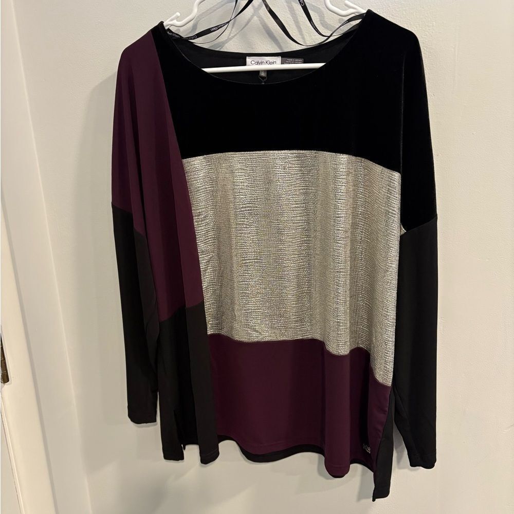 Calvin Klein Colorblock Long Sleeve Top - Black, Silver, Plum NWOT